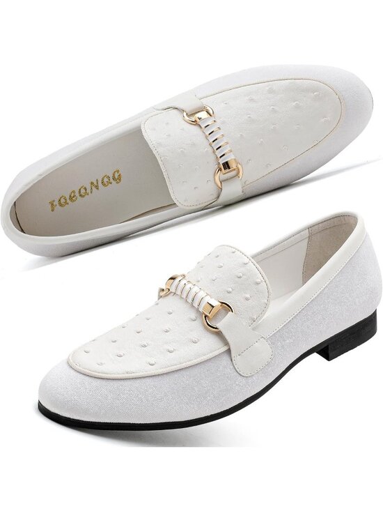 FQEQNQG Men\'s White Velvet Loafers Rose Gold Buckle Penny Slip On Casual Shoes main image 5